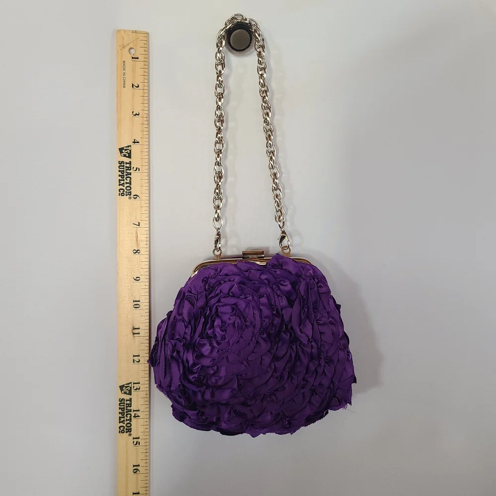 White House Black Market Purple Ruffle Rosette Satin Clutch Bag - Picture 5 of 6